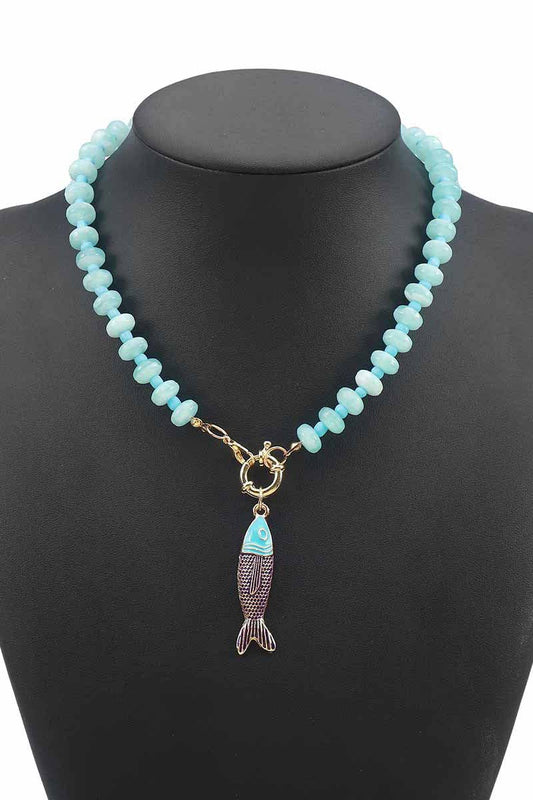 Blue Oceans Fish Pendant Beaded Necklace