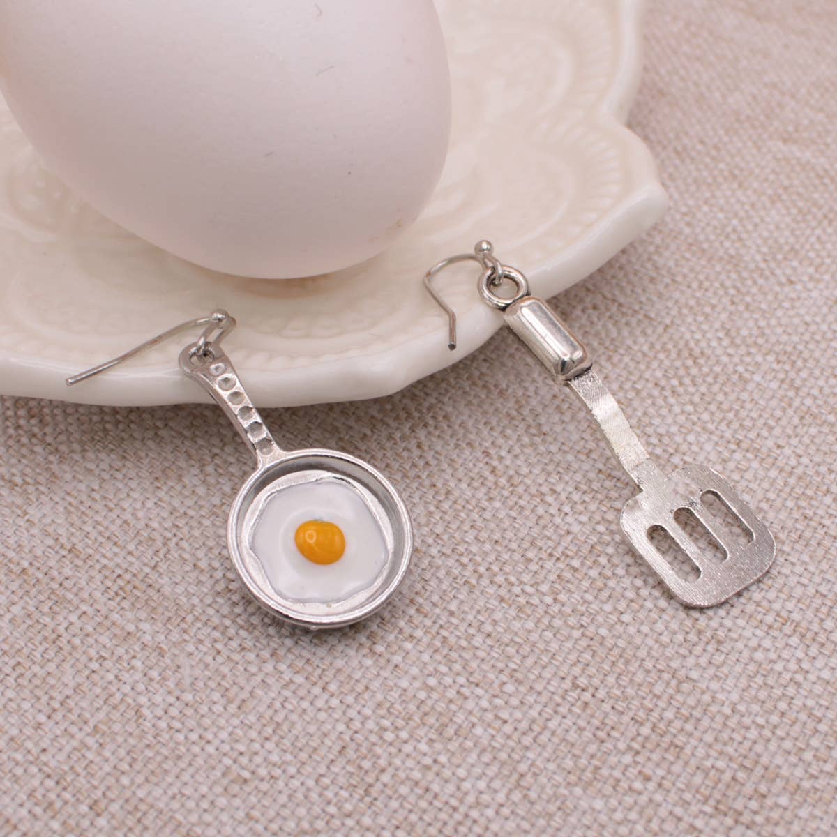 Breakfast Time Silver Spatula Egg Earrings