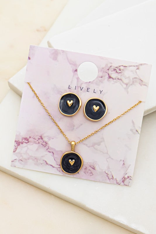 EMBOSSED HEART COIN NECKLACE AND EARRINGS SET