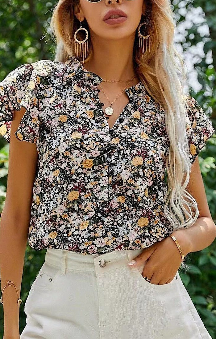 SHORT SLEEVE FLORAL RUFFLE BLOUSE