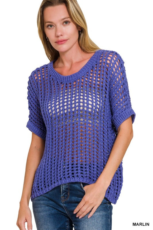 FISH NET SHORT SLEEVE CROCHET SWEATER