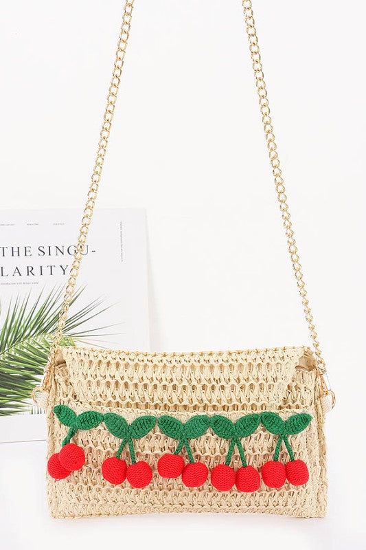 FANCIFUL STRAW CHERRY CLUTCH