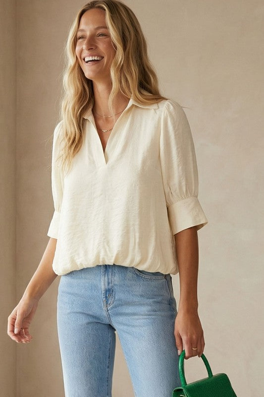 BUBBLED HEM HALF SLEEVE BLOUSE
