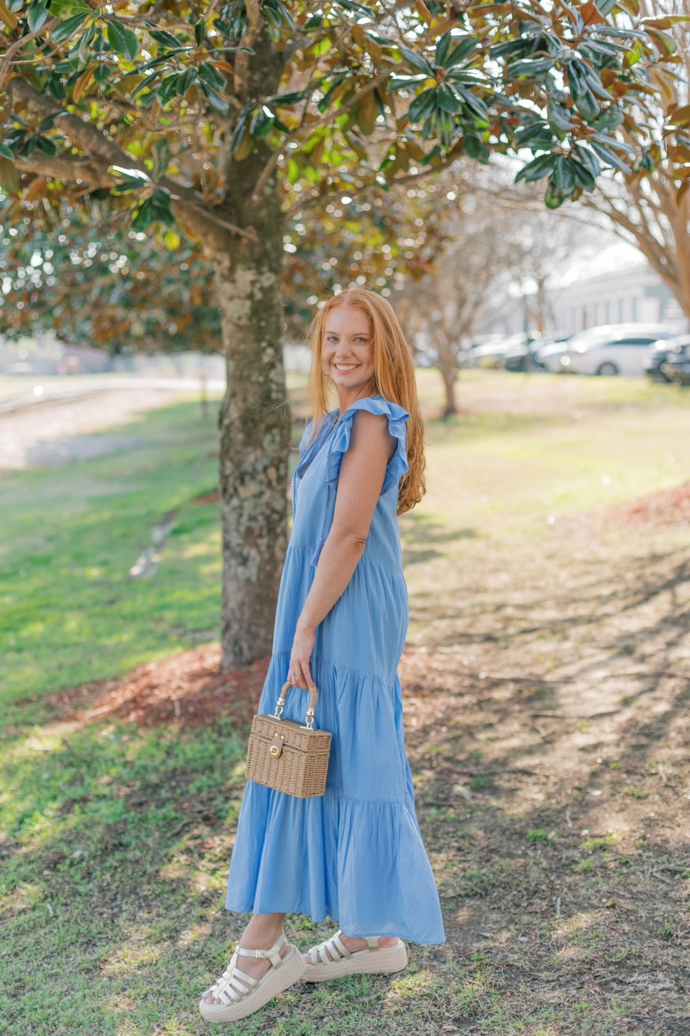 JONI'S FLUTTER SLEEVE TIERED MIDI DRESS