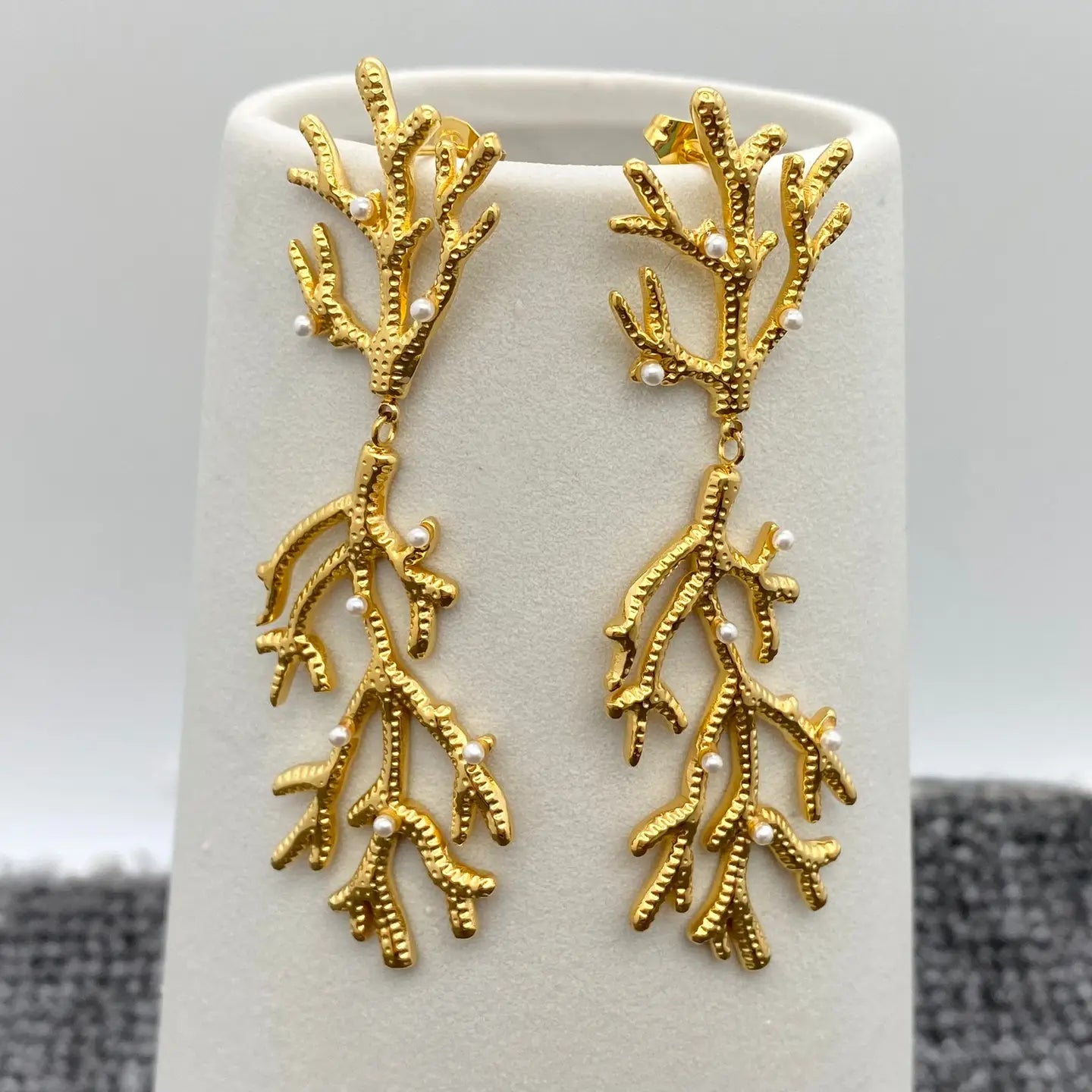 GOLD AND PEARL CORAL DANGLE EARRINGS