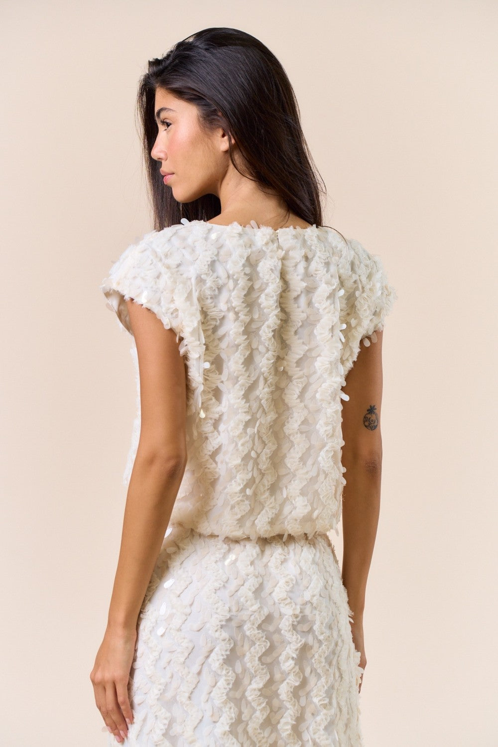 FEATHER SEQUIN WAVE TOP AND SKIRT SET