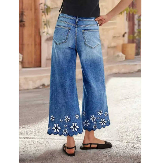 Boho Chic Floral Embroidered Wide Leg Jeans