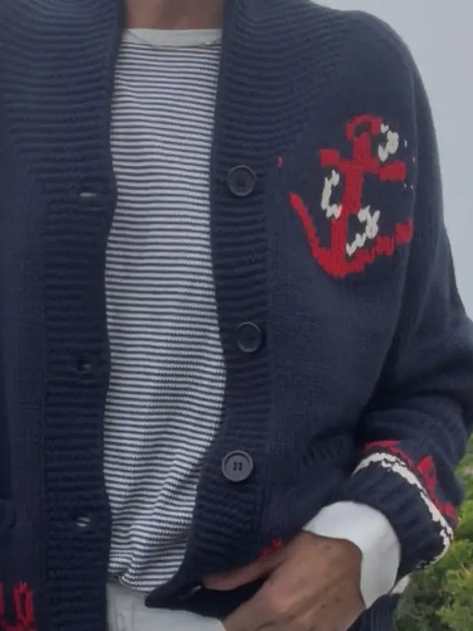 NAVY RED LOBSTER VARSITY CARDIGAN