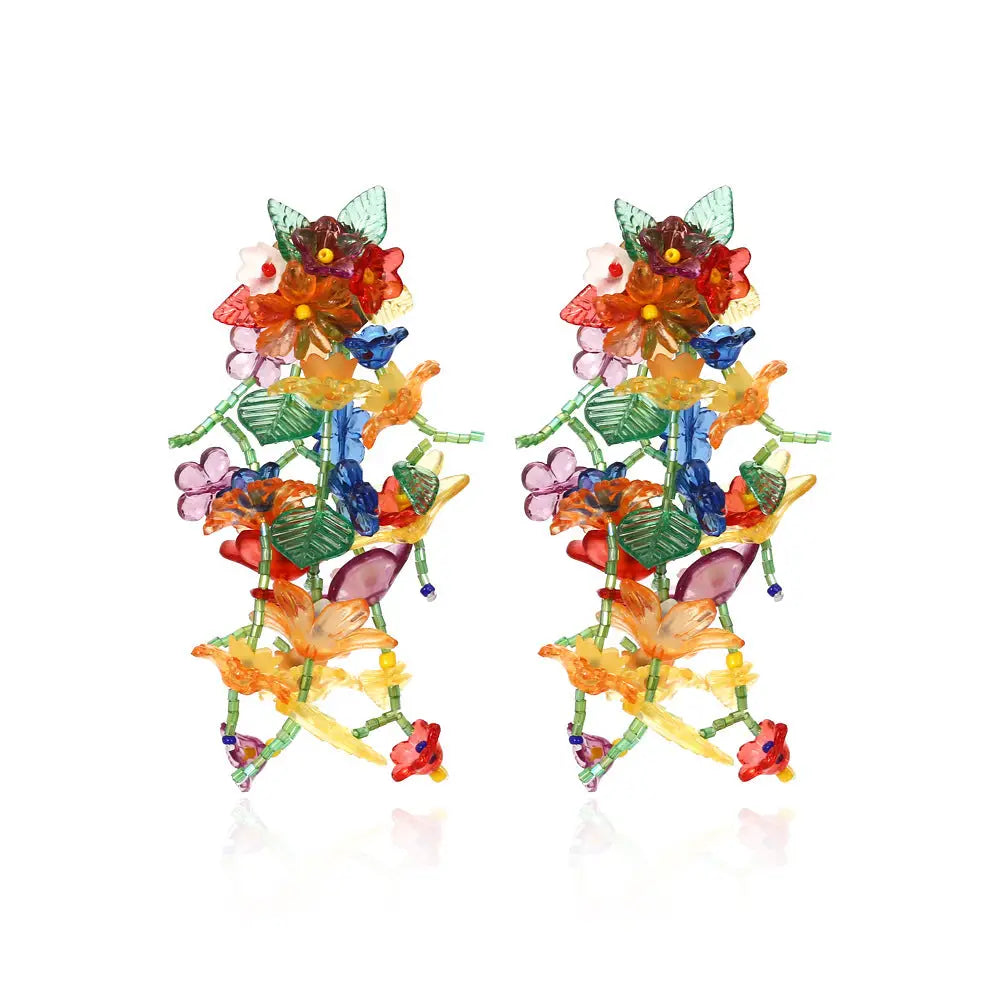 BEADED LONG FLOWER EARRINGS