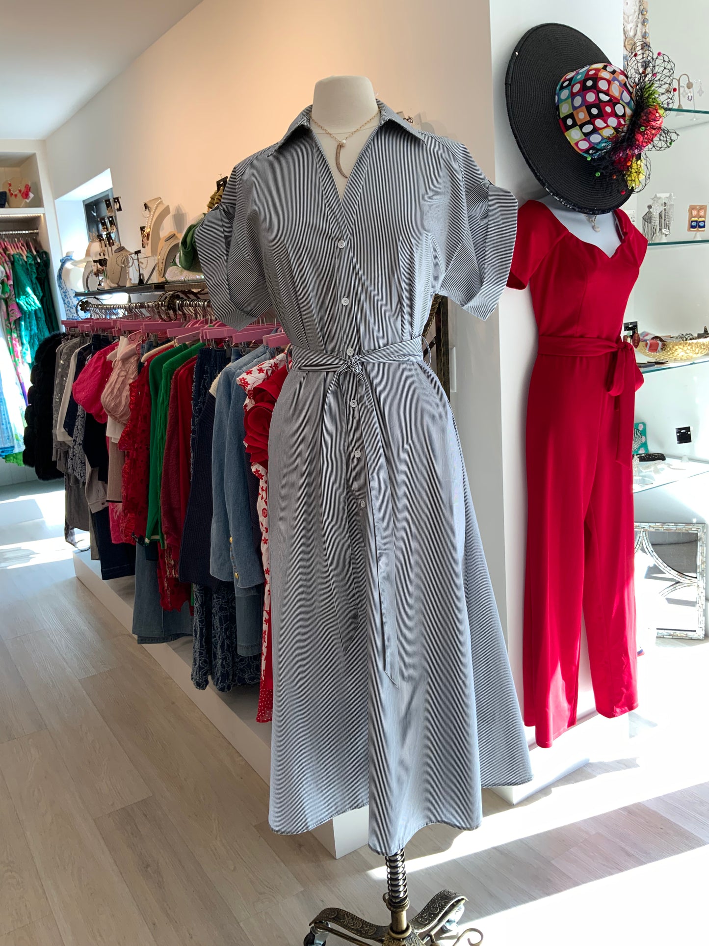 BLUE PINSTRIPE SHIRT DRESS WITH CUFF SLEEVE