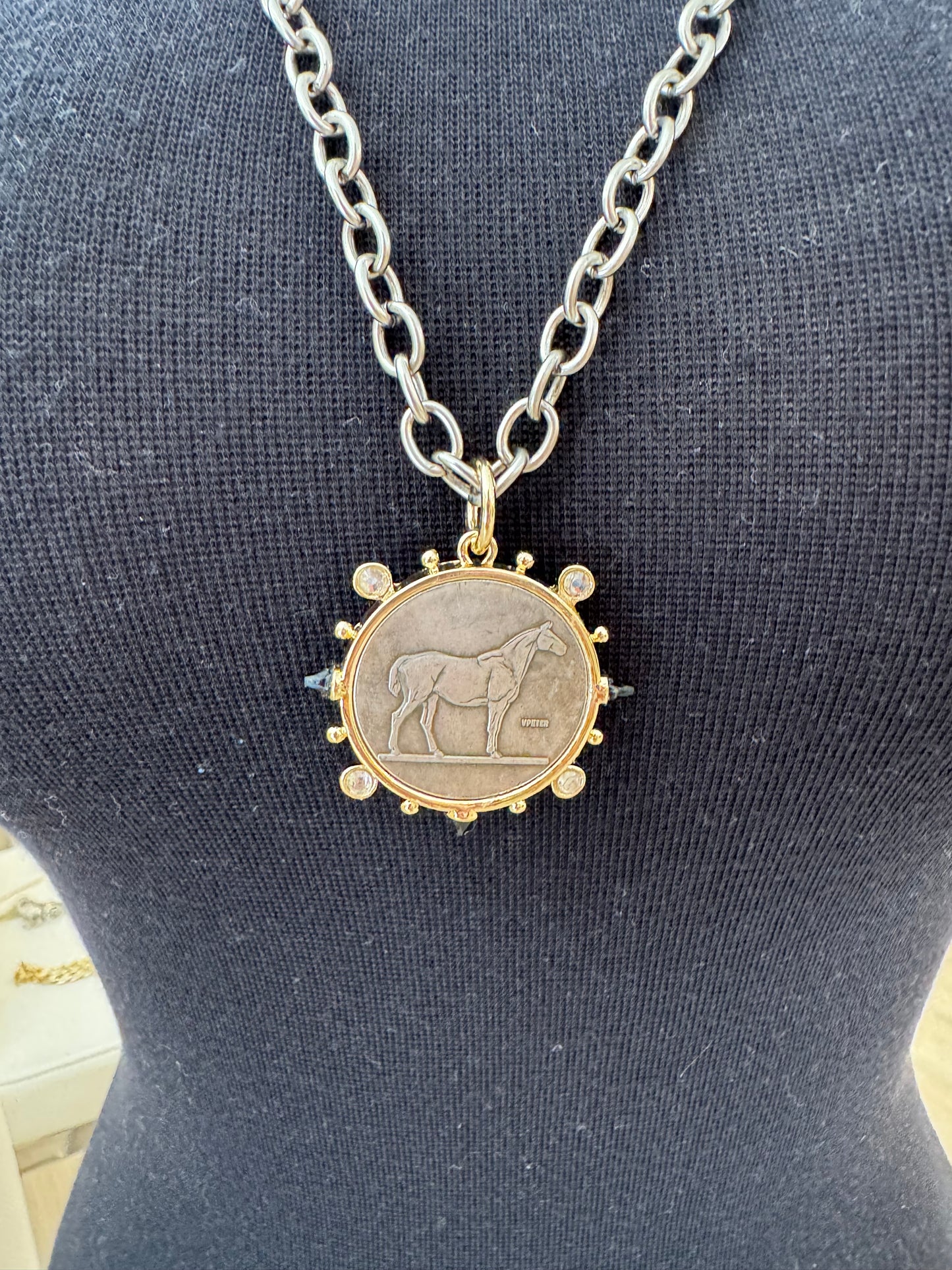 SILVER HORSE ONYX MEDALLION