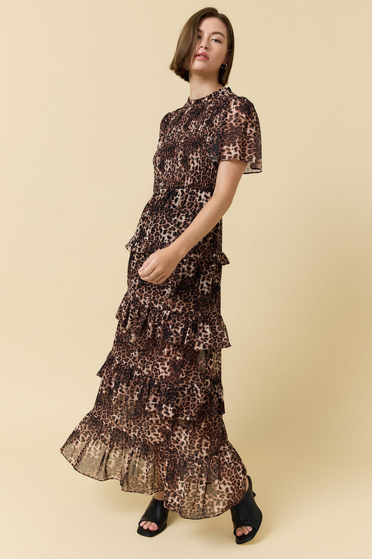 LEOPARD MESH PRINTED SMOCKING TIERED DRESS