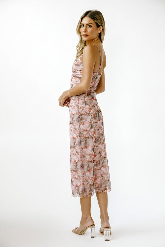 ROSE AND STRIPE SLIP MIDI DRESS