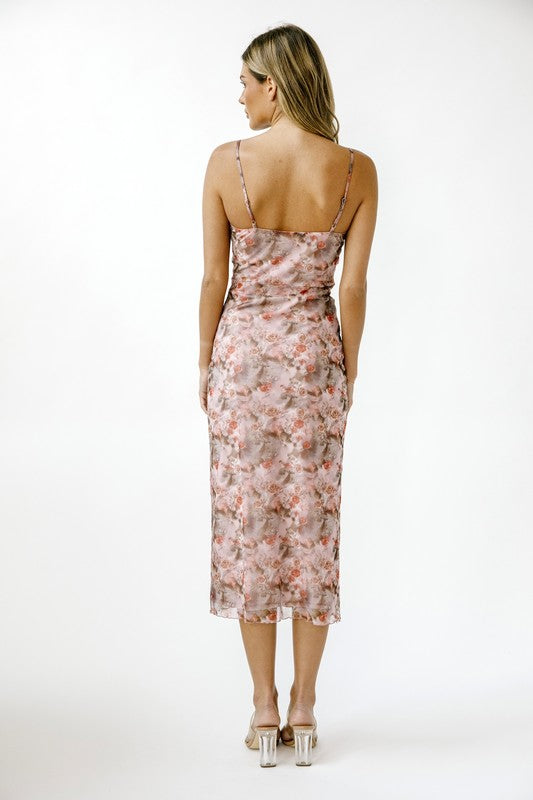 ROSE AND STRIPE SLIP MIDI DRESS