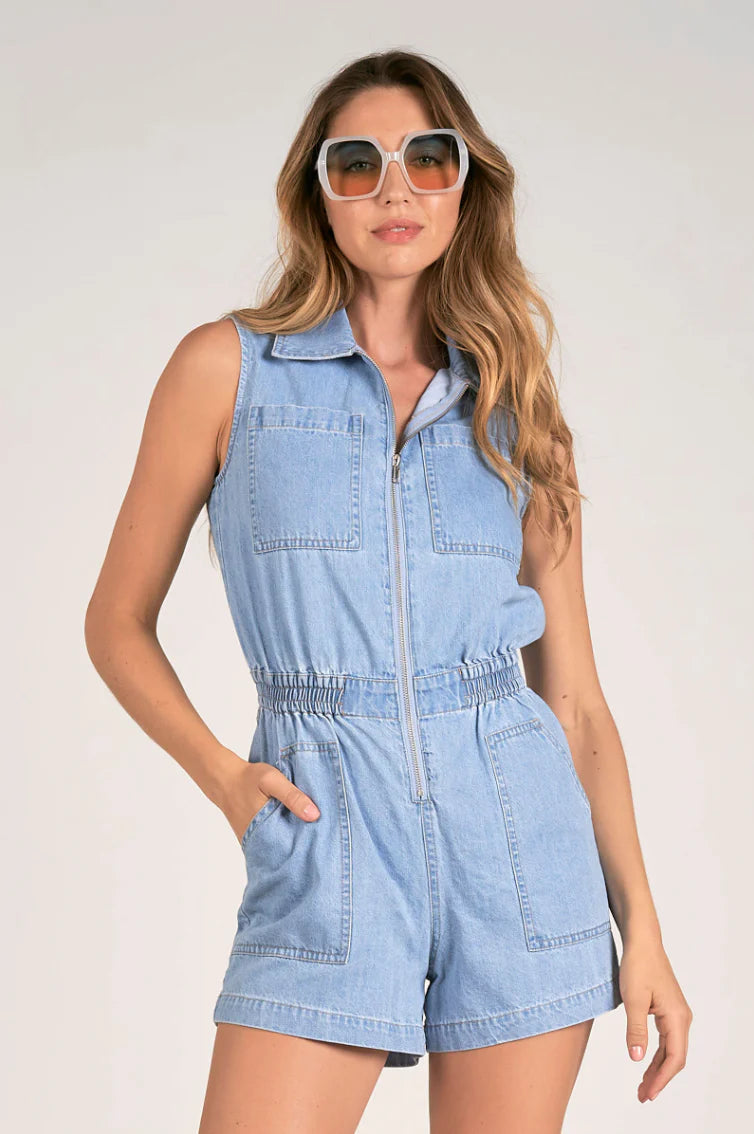 BLAIR'S BLUE WASH COLLARED SLEEVELESS ROMPER