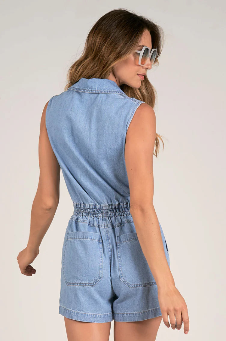 BLAIR'S BLUE WASH COLLARED SLEEVELESS ROMPER