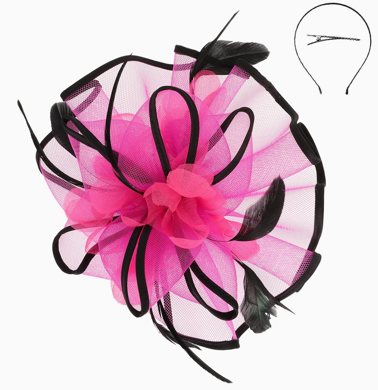 FLORAL FEATHERED CONTRAST TRIM MESH FASCINATOR