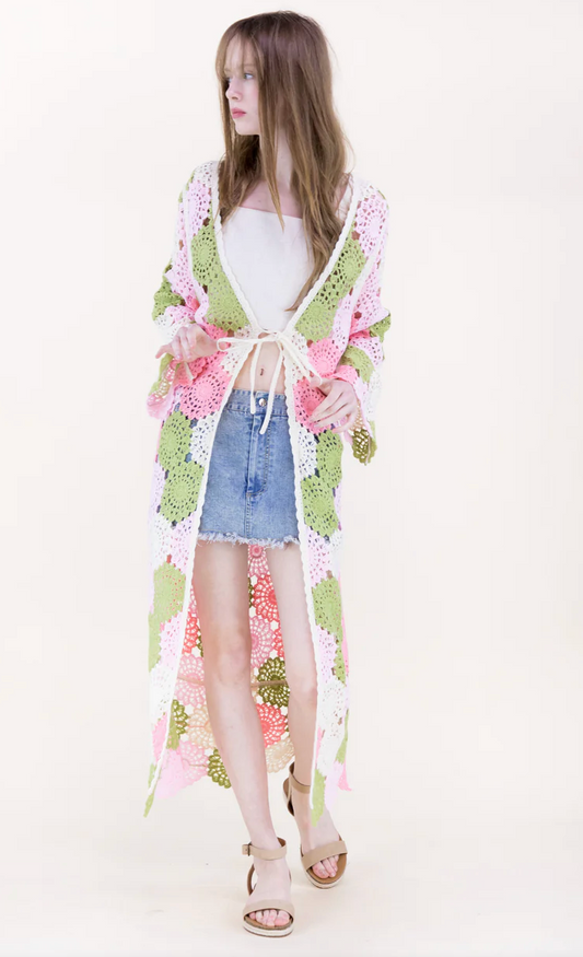 DOILY PINK AND GREEN LONG CARDIGAN