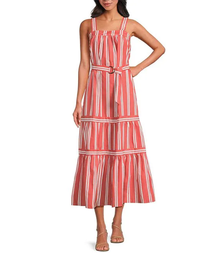 KAYLOR'S CORAL STRIPE MAXI RUFFLE DRESS