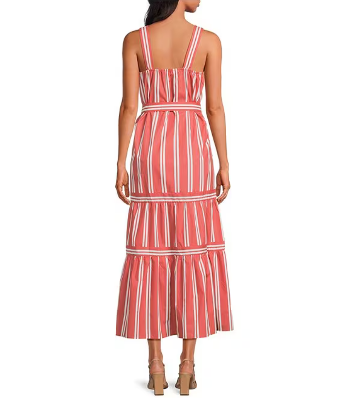 KAYLOR'S CORAL STRIPE MAXI RUFFLE DRESS