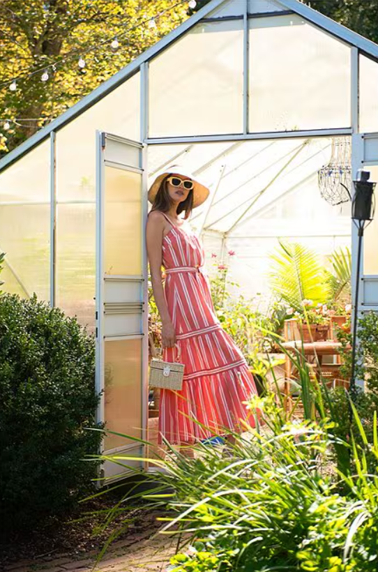 KAYLOR'S CORAL STRIPE MAXI RUFFLE DRESS