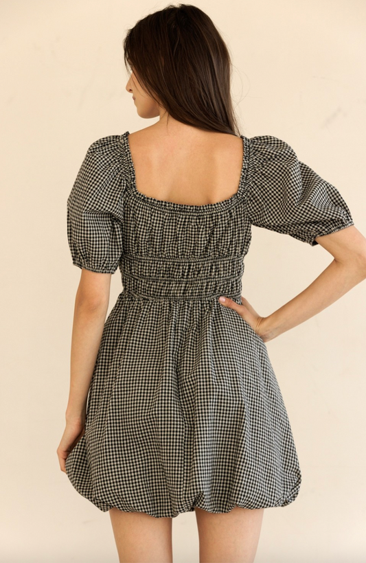 GINGHAM PUFF SLEEVE MINI DRESS