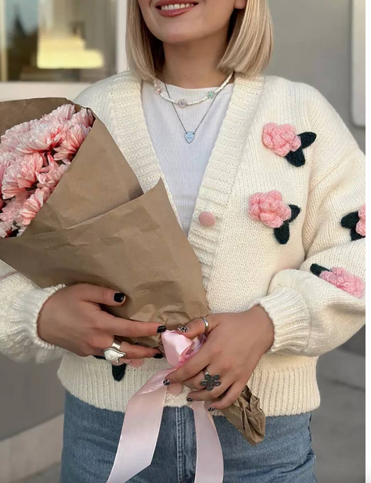ROSE IN 3D CARDIGAN SWEATER