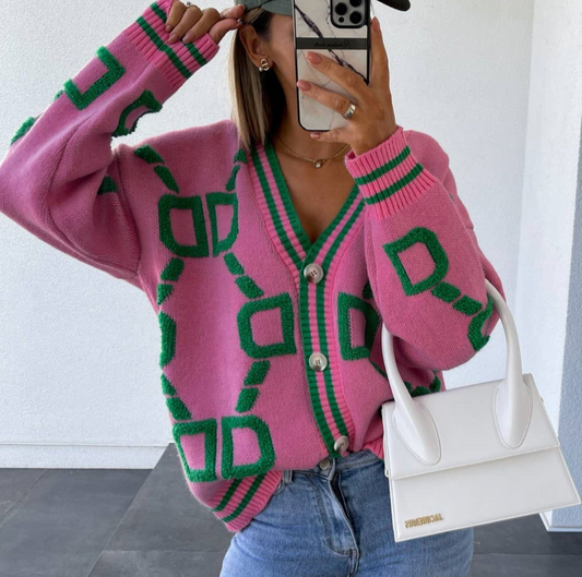 MONOGRAM PINK AND GREEN CARDIGAN SWEATER