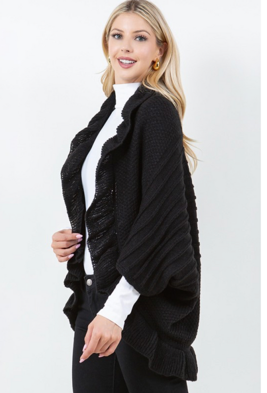 OPEN FRONT RUFFLE WRAP SWEATER