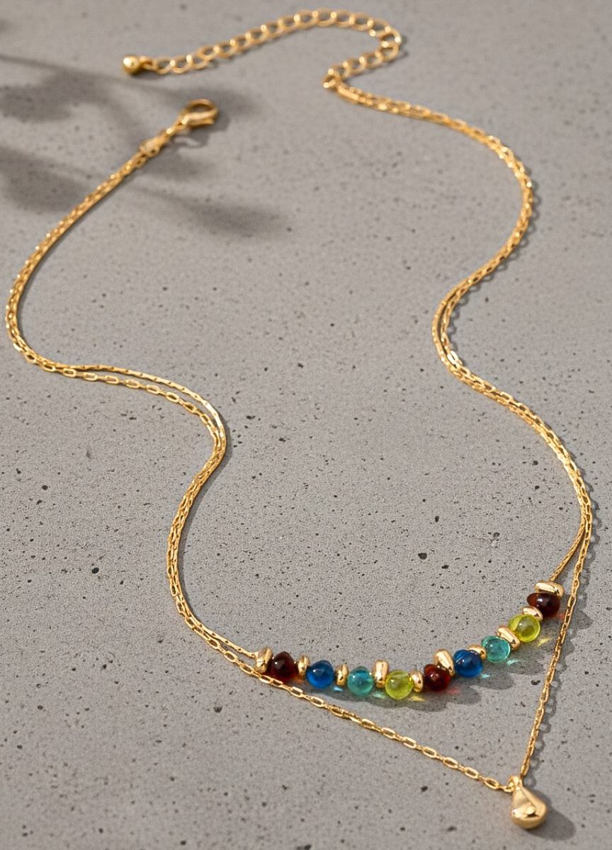 2 ROW MULTI COLOR GEM AND TEARDROP PENDANT NECKLACE