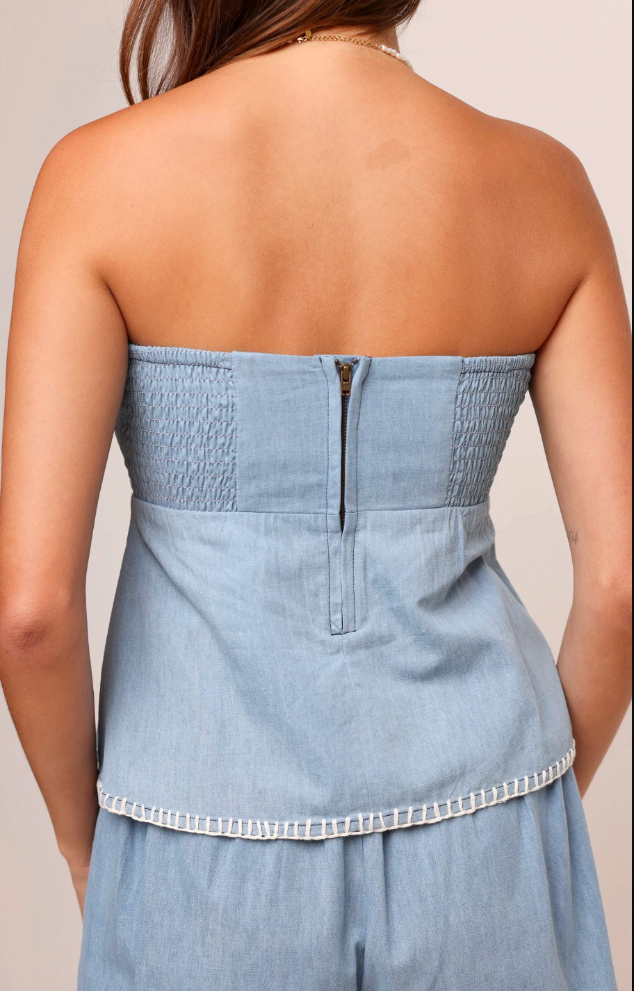 MCINTIRE STRAPLESS CHAMBRAY TOP