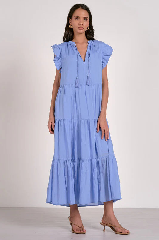 JONI'S FLUTTER SLEEVE TIERED MIDI DRESS