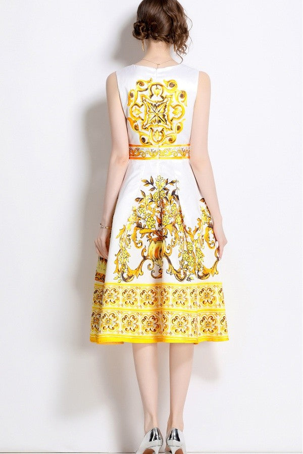 YELLOW AND WHITE PORCELAIN PRINT DRESS