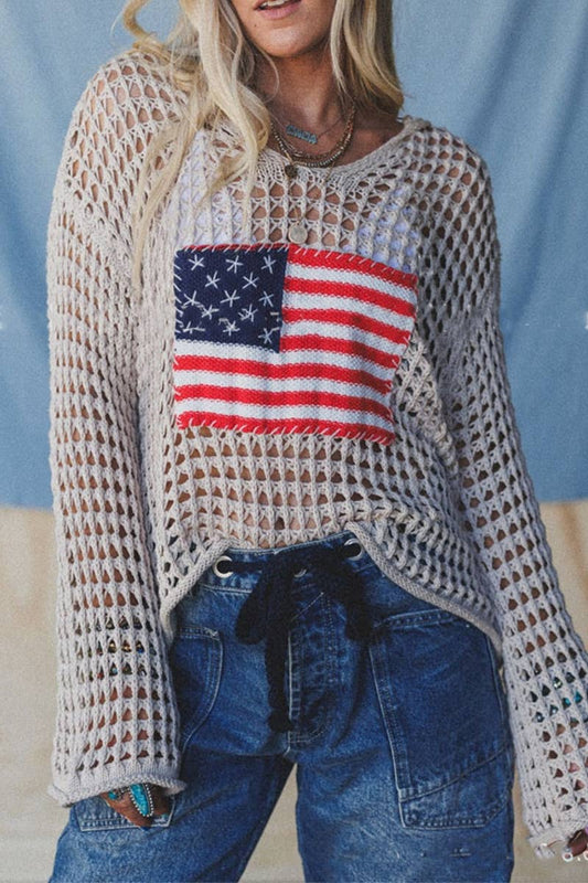 Mesh Knit Hoodie Flag Sweater