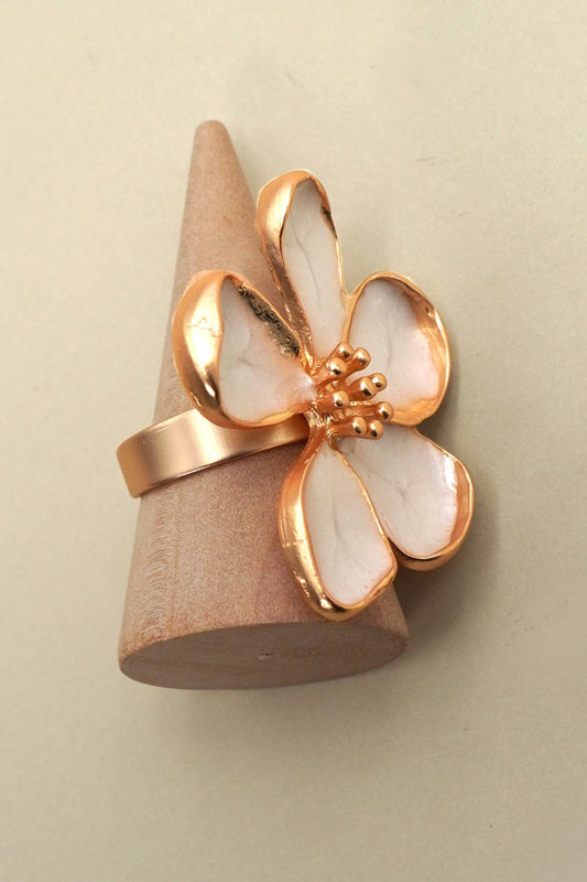 ADJUTABLE WHITE ENAMEL GOLD FLORAL STATEMENT RING