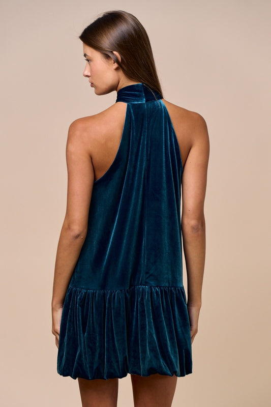 VELVET HALTER BUBBLE HEM MINI DRESS