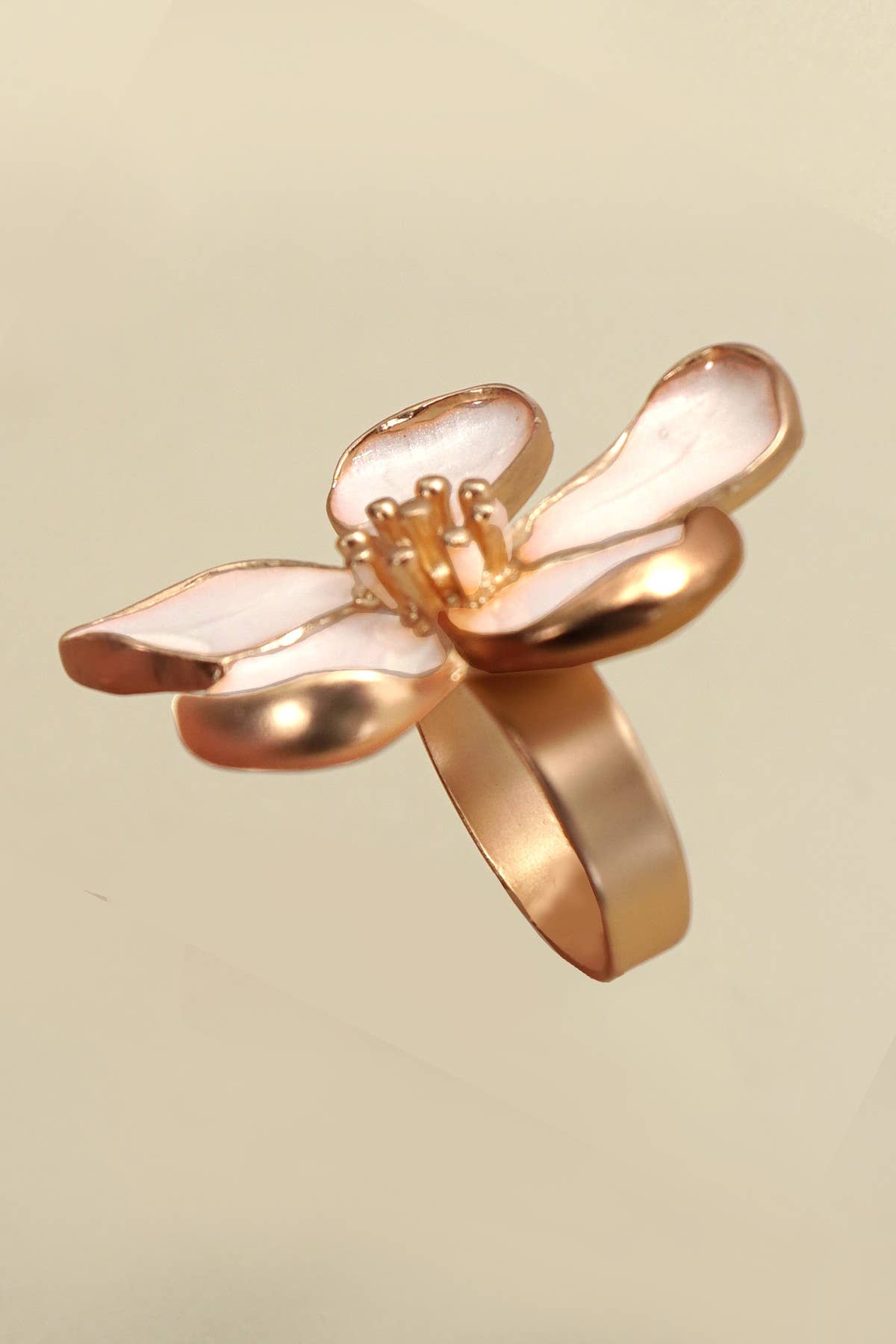 ADJUTABLE WHITE ENAMEL GOLD FLORAL STATEMENT RING