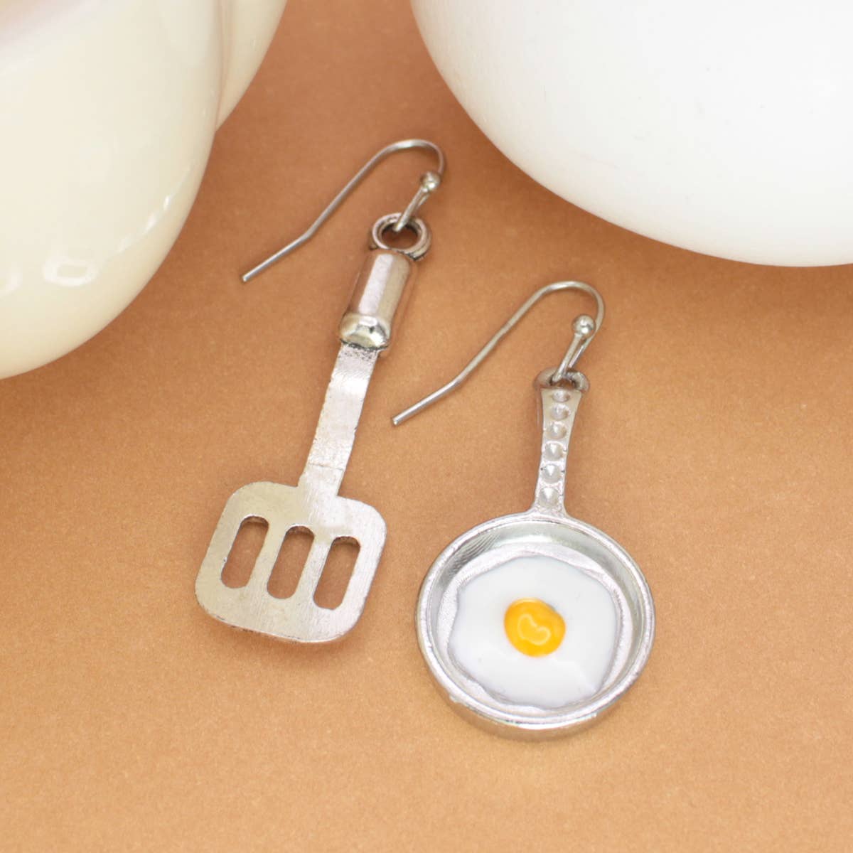 Breakfast Time Silver Spatula Egg Earrings