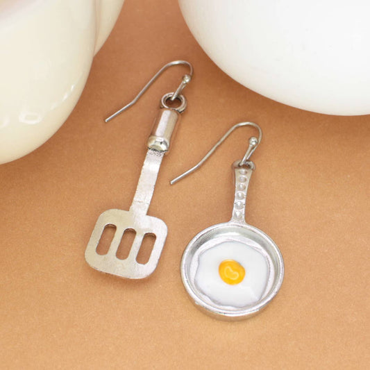 Breakfast Time Silver Spatula Egg Earrings