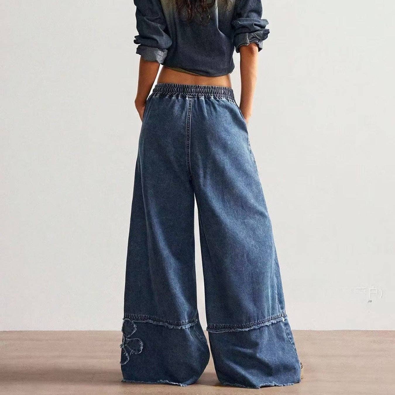 Vintage Boho Floral Patch Wide Leg Denim Pants