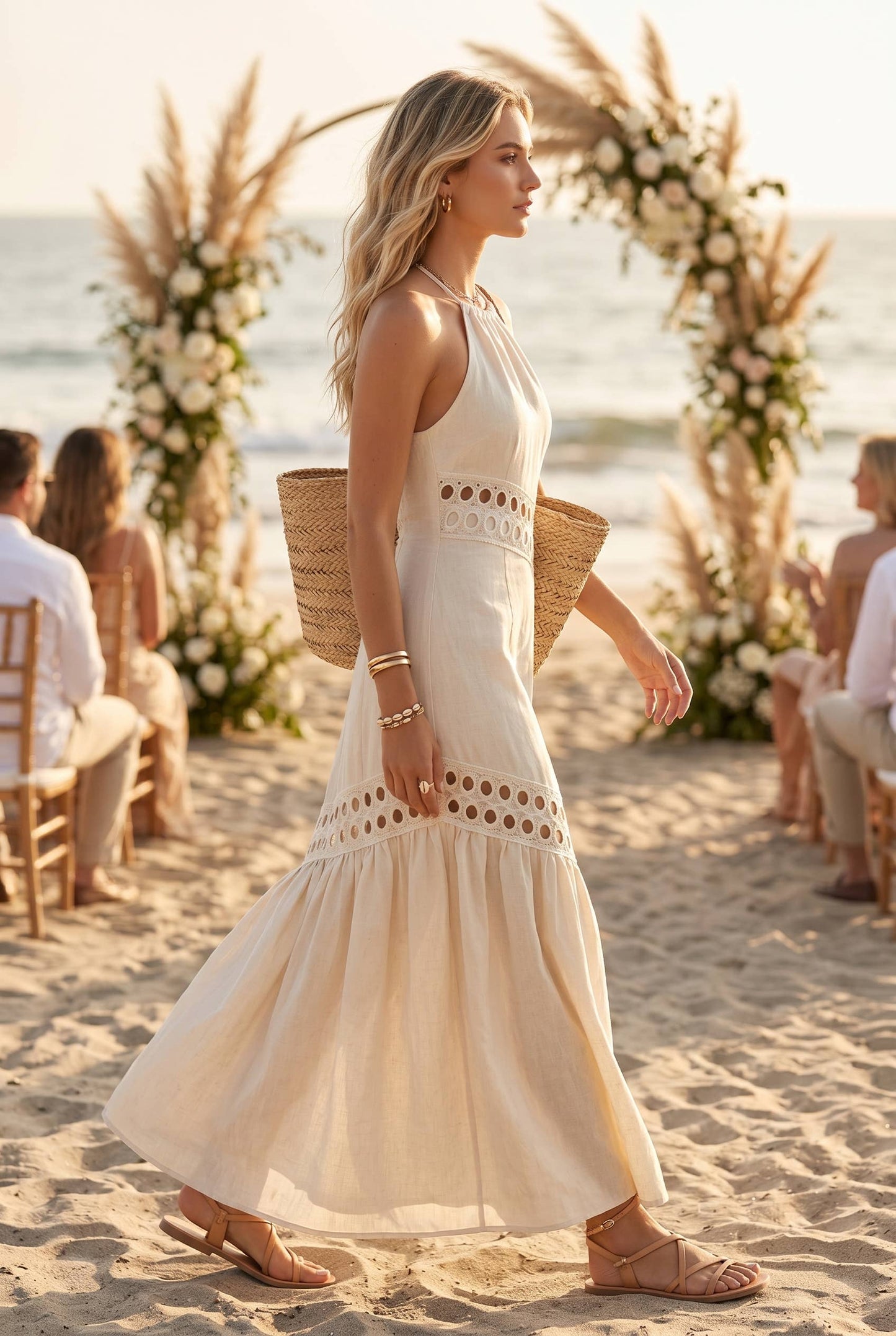 Cutwork lace trimmed maxi dress with halter neckline