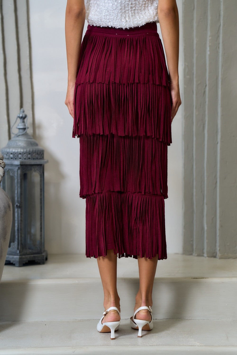 PLAYFUL FRINGE MULTI-TIERED SWEATER SKIRT