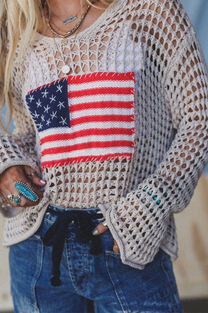 Mesh Knit Hoodie Flag Sweater