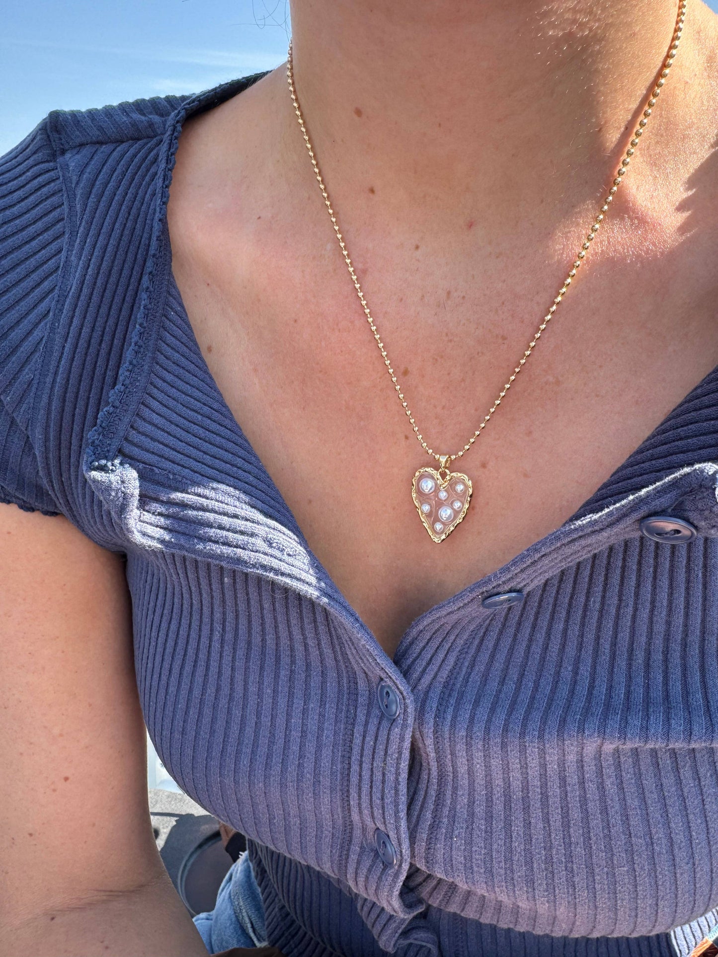 Gold Beaded Pearl Necklace with Heart or Star Pendant