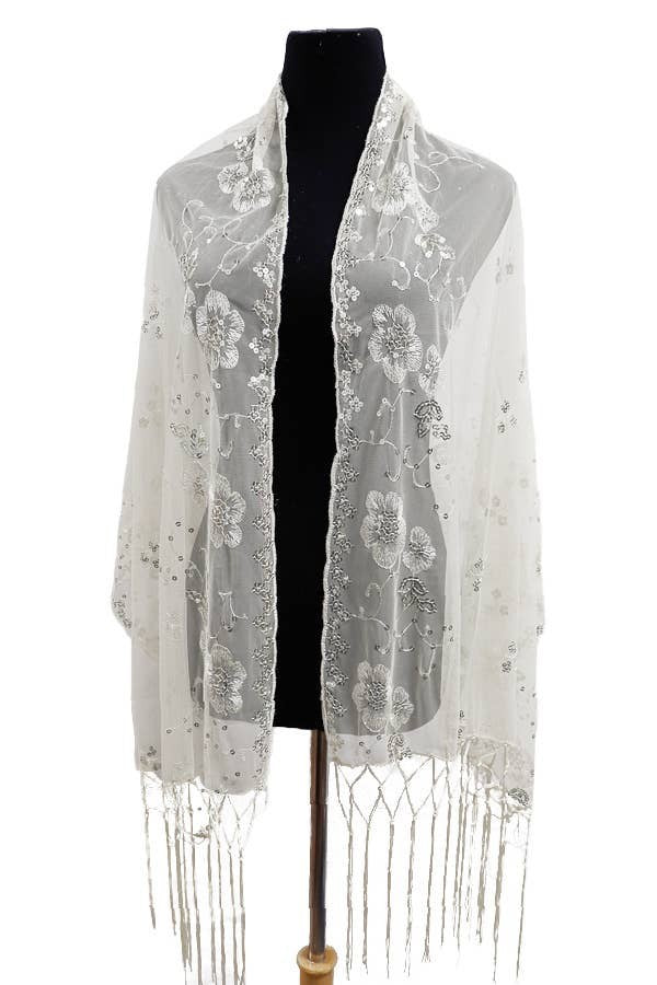 VERONICA EMBELLISHED FRINGE SEMI SHEER SCARF