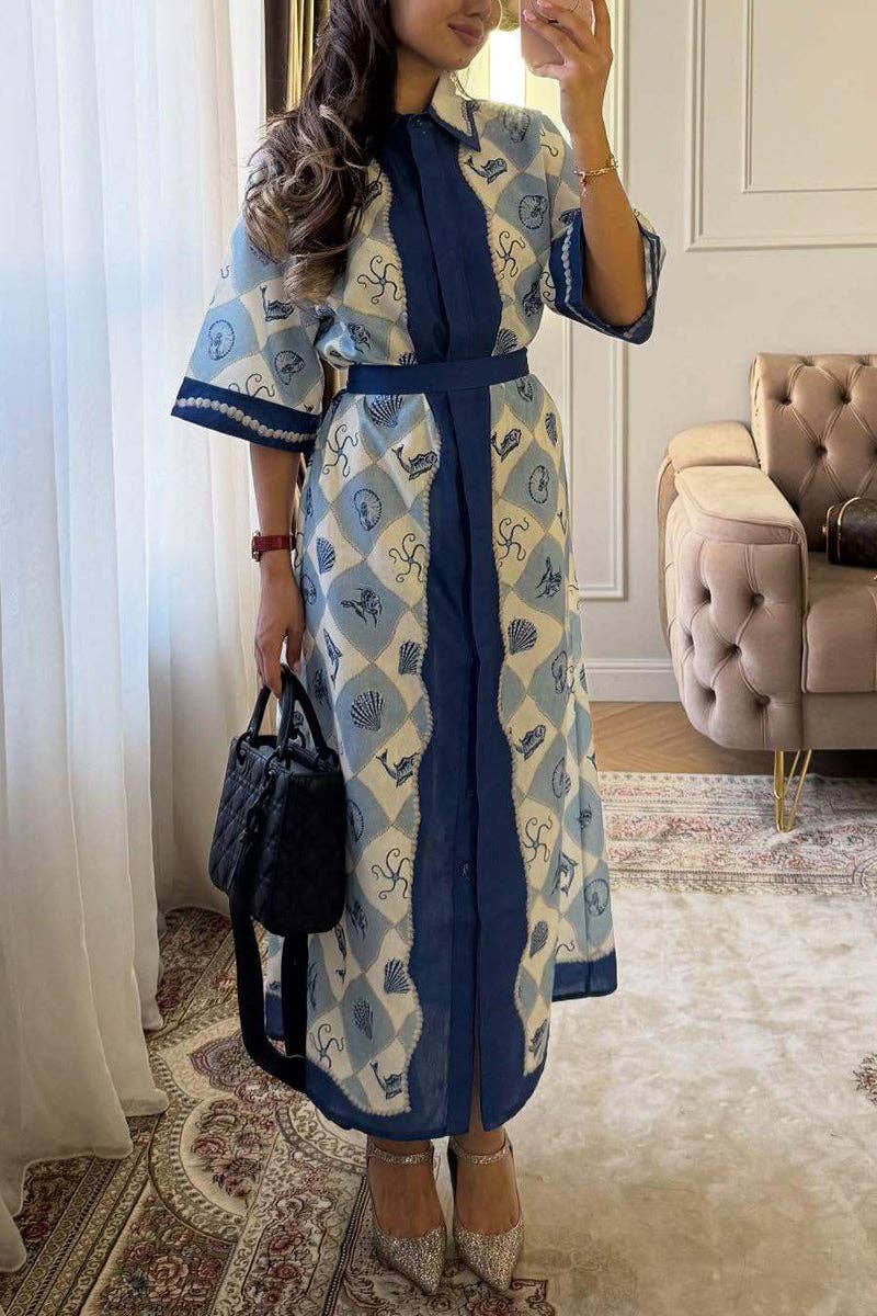 Ocean themed Print Button-Up Shirt Dress