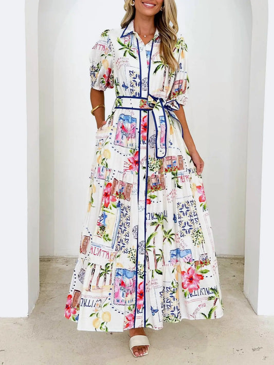 BELLA'S TROPICAL BELTED MAXI SHIRT DRESS
