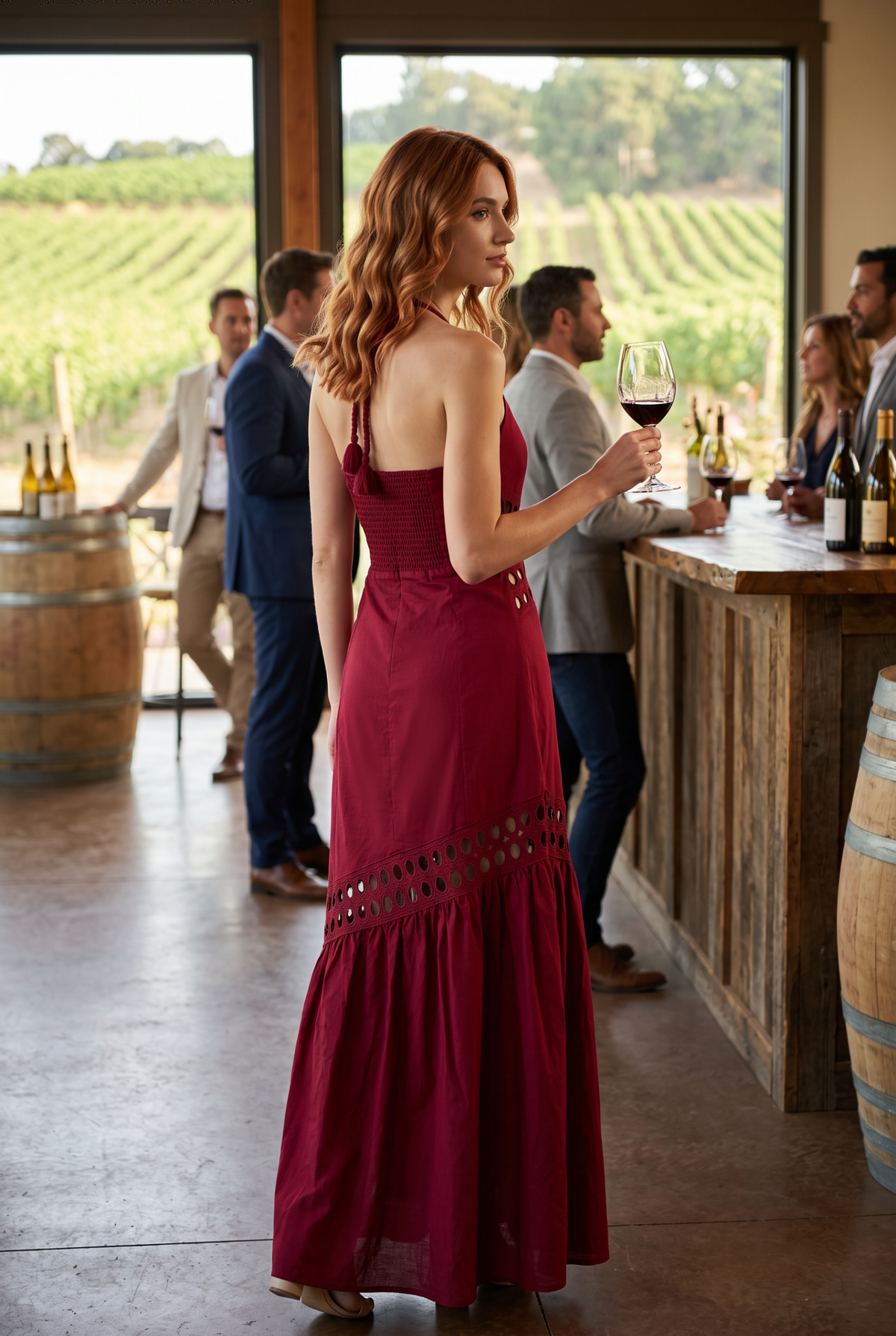 Cutwork lace trimmed maxi dress with halter neckline
