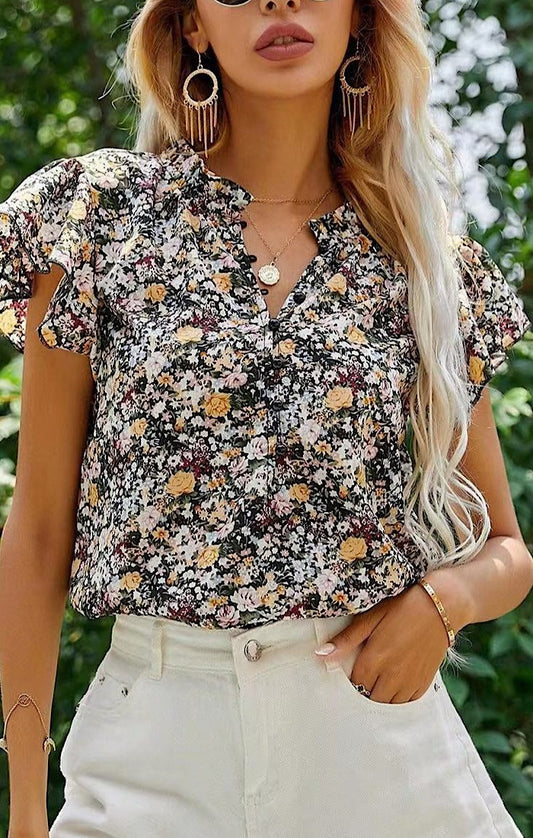 SHORT SLEEVE FLORAL RUFFLE BLOUSE