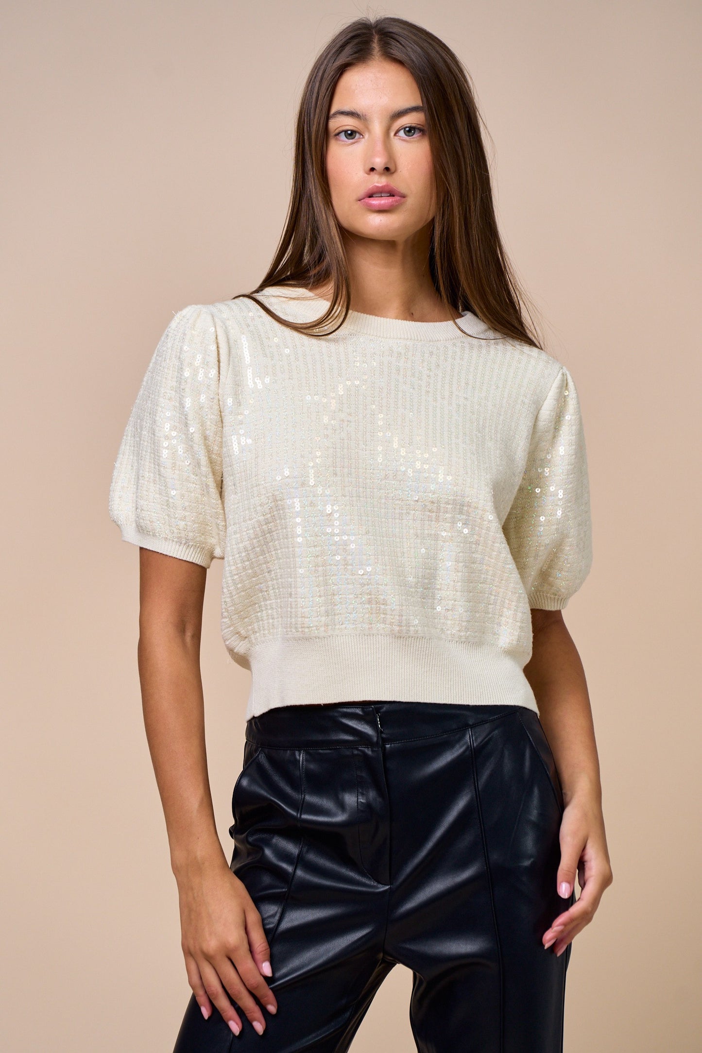 ELEGANT SEQUIN OVER WOVEN KNIT TOP & SKIRT SET